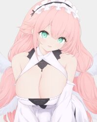 Rule 34 | 1girl, aqua eyes, azur lane, bare shoulders, blush, breasts, cleavage, detached sleeves, dress, feathered wings, frilled dress, frilled hairband, frills, grey background, hairband, head tilt, highres, large breasts, long hair, looking at viewer, low twintails, pink hair, risshu, simple background, solo, theseus (azur lane), twintails, upper body, white dress, wings