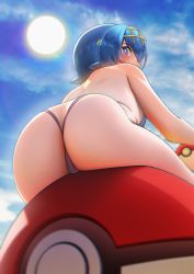 Rule 34 | 1girl, ass, ass focus, backless swimsuit, bare shoulders, bikini, black bikini, blue eyes, blue hair, blue sky, blush, bright pupils, butt crack, commentary request, creatures (company), day, from behind, from below, game freak, hairband, highres, lana (pokemon), looking at viewer, looking back, looking down, nanaken nana, nintendo, outdoors, poke ball, poke ball (basic), pokemon, pokemon sm, short hair, sitting, sky, solo, sun, swimsuit, yellow hairband