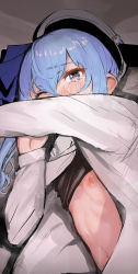 Rule 34 | 1girl, absurdres, blue eyes, blue hair, hair between eyes, hat, hcz n, highres, hololive, hoshimachi suisei, looking at viewer, nipples, side ponytail, solo, virtual youtuber, white hat