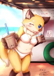 Rule 34 | 1girl, absurdres, blue eyes, drinking, furry, furry female, handing over to, highres, one eye closed, sakamoto aoi, smile, solo, swimsuit