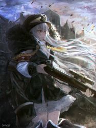 Rule 34 | 1girl, aiguillette, armband, black footwear, black hat, black skirt, blue sky, bolt action, boots, breasts, cityscape, cleavage, cloud, cross, day, dress, dust, floating hair, fur trim, girls&#039; frontline, gun, hair between eyes, hat, highres, iron cross, jacket, jacket on shoulders, kar98k (girls&#039; frontline), lace, lace-trimmed dress, lace trim, light particles, long hair, mauser 98, medium breasts, outdoors, peaked cap, red eyes, rifle, signature, skirt, sky, solo, sonchi, thigh boots, thighhighs, thighs, very long hair, weapon, white dress, white hair, wind, wind lift
