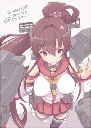 Rule 34 | &gt;:), 10s, 1girl, 2014, ammunition, armband, bare shoulders, between fingers, black thighhighs, breasts, brown eyes, brown hair, dated, detached sleeves, flower, from above, hair flower, hair ornament, headgear, high ponytail, holding, kantai collection, large breasts, machinery, miniskirt, pleated skirt, pureji oshou, red skirt, sailor collar, simple background, single thighhigh, skirt, smile, solo, thighhighs, twitter username, v-shaped eyebrows, white background, yamato (kancolle)