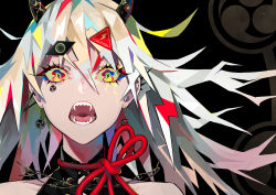 Rule 34 | 1girl, barbed wire, bare shoulders, black background, black dress, brown eyes, collarbone, commentary request, dress, ear piercing, earrings, facial mark, fangs, hair between eyes, hair ornament, highres, jewelry, lam (ramdayo), lightning bolt symbol, long hair, looking at viewer, mitsudomoe (shape), multicolored hair, open mouth, original, piercing, red eyes, red ribbon, ribbon, sharp teeth, sign, silver hair, sleeveless, sleeveless dress, solo, spikes, symbol-shaped pupils, teeth, tomoe (symbol), two-tone hair, warning sign