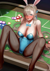 Rule 34 | 1girl, animal ears, asuna (blue archive), asuna (bunny) (blue archive), banned artist, bare shoulders, black pantyhose, blue archive, blue eyes, blue leotard, bow, bowtie, breasts, casino, casino card table, chips (food), cleavage, collar, fake animal ears, food, grey hair, hair over one eye, highres, large breasts, leaning back, leotard, m legs, mole, mole on breast, monaim, one eye covered, pantyhose, playboy bunny, poker chip, rabbit ears, sitting, solo, spread legs, table, traditional bowtie
