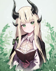 Rule 34 | 1girl, arknights, beudelb, black jacket, blonde hair, blunt bangs, blush, book, closed mouth, dragon horns, green background, green eyes, head tilt, highres, holding, holding book, horns, jacket, jacket on shoulders, long hair, long sleeves, official alternate costume, open book, plant, reed (arknights), reed (emerald holiday) (arknights), shirt, smile, solo, upper body, white shirt