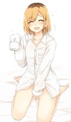Rule 34 | 1girl, :d, barefoot, between legs, blonde hair, blush, brown hair, closed eyes, collarbone, collared shirt, dress shirt, hand between legs, kneeling, looking at viewer, miyamori aoi, multicolored hair, naked shirt, open mouth, roots (hair), shirobako, shirt, short hair, simple background, sleeves past fingers, sleeves past wrists, smile, solo, tahita1874, two-tone hair, unbuttoned, unbuttoned shirt, white background, white shirt, wing collar