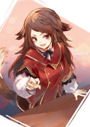 Rule 34 | 1girl, animal ears, black bow, bow, brown hair, brown skirt, copyright request, highres, jacket, long hair, long sleeves, looking at viewer, makihitsuji, open mouth, parted bangs, puffy long sleeves, puffy sleeves, red eyes, red jacket, shirt, skirt, solo, table, tail, v-shaped eyebrows, very long hair, white shirt