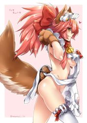 Rule 34 | 1girl, animal ears, animal hands, apron, ass, bad id, bad pixiv id, bell, bow, breasts, cat hair ornament, character name, collar, fang, fate/grand order, fate (series), fox ears, fox tail, hair bow, hair ornament, heart, large breasts, long hair, looking at viewer, maid headdress, naked apron, neck bell, paw print, pink background, pink hair, ponytail, sideboob, simple background, smile, solo, tail, takatsuki ichi, tamamo (fate), tamamo cat (fate), tamamo cat (third ascension) (fate), tamamo no mae (fate/extra), thighhighs, twitter username, underboob, yellow eyes