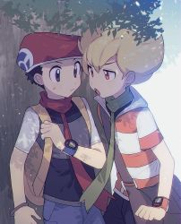 Rule 34 | 2boys, bag, barry (pokemon), black hair, blonde hair, closed mouth, creatures (company), eye contact, game freak, green scarf, grey eyes, hat, highres, holding strap, looking at another, lucas (pokemon), male focus, multiple boys, nintendo, open mouth, orange eyes, oshi taberu, pants, pokemon, pokemon dppt, red headwear, red scarf, scarf, short sleeves, shoulder bag, sweat, tongue, yellow bag