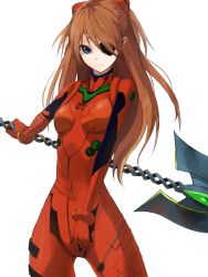 Rule 34 | 10s, 1girl, bad id, bad pixiv id, bandages, blue eyes, bodysuit, bracer, breasts, brown hair, cowboy shot, evangelion: 3.0 you can (not) redo, expressionless, eyepatch, frown, gem, gloves, hair ornament, hair over one eye, headgear, hip focus, holding, holding weapon, lance, lance of longinus (evangelion), long hair, looking at viewer, miruto netsuki, neon genesis evangelion, outstretched arm, parted bangs, pilot suit, plugsuit, polearm, rebuild of evangelion, simple background, skinny, small breasts, solo, souryuu asuka langley, spear, standing, tape, turtleneck, weapon, white background