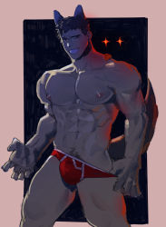 Rule 34 | 1boy, abs, absurdres, animal ears, bad id, bad twitter id, bara, briefs, bulge, feet out of frame, glowing, glowing eyes, grin, highres, large pectorals, looking at viewer, male focus, male pubic hair, male underwear, male underwear pull, muscular, muscular male, navel, nipples, original, pectorals, pubic hair, pubic hair peek, red male underwear, seductive smile, short hair, sideburns, smile, solo, standing, stomach, tail, thick thighs, thighs, topless male, underwear, underwear only, uza (hellme), wolf ears, wolf tail