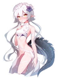 Rule 34 | 1girl, absurdres, arknights, beudelb, blue flower, blush, commentary, crocodilian tail, cropped legs, finger to mouth, flower, flower wreath, hair between eyes, hair flower, hair ornament, highres, korean commentary, looking at viewer, official alternate costume, one-piece swimsuit, pointy ears, short hair with long locks, solo, swimsuit, tail, tomimi (arknights), tomimi (silent night) (arknights), white flower, white hair, white one-piece swimsuit, yellow eyes