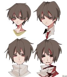 Rule 34 | 1boy, bleeding from forehead, blood, blood from mouth, blood on clothes, blood on face, brown eyes, brown hair, chinese commentary, closed mouth, collared shirt, commentary request, frown, green shirt, hair between eyes, highres, jabuchi you, male focus, multiple views, necktie, red necktie, saaar, saibou shinkyoku, shirt, short hair, simple background, smile, white shirt