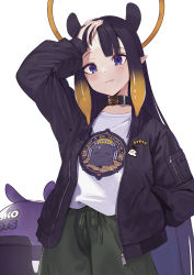 Rule 34 | 1girl, animal ears, blush, character print, closed mouth, clothes writing, commentary, english text, green pants, halo, hand in pocket, hand on own head, highres, hololive, hololive english, jacket, long hair, long sleeves, looking at viewer, mole, mole under eye, ninomae ina&#039;nis, open clothes, open jacket, pants, pointy ears, purple eyes, purple hair, purple jacket, ranyu, shirt, simple background, solo, symbol-only commentary, takodachi (ninomae ina&#039;nis), very long hair, virtual youtuber, white background, white shirt