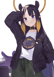 1girl animal_ears blush character_print closed_mouth clothes_writing commentary english_text green_pants halo hand_in_pocket hand_on_own_head highres hololive hololive_english jacket long_hair long_sleeves looking_at_viewer mole mole_under_eye ninomae_ina&#039;nis open_clothes open_jacket pants pointy_ears purple_eyes purple_hair purple_jacket ranyu shirt simple_background solo symbol-only_commentary takodachi_(ninomae_ina&#039;nis) very_long_hair virtual_youtuber white_background white_shirt