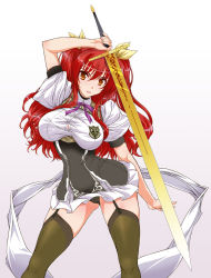 Rule 34 | 1girl, arm up, black choker, black panties, breasts, breasts apart, button gap, buttons, cameltoe, choker, emblem, garter straps, gluteal fold, gradient background, green thighhighs, hair between eyes, hair intakes, hair ribbon, highres, holding, holding sword, holding weapon, large breasts, legs apart, light smile, long hair, looking at viewer, neck ribbon, no bra, orange eyes, panties, pantyshot, parted lips, plaid, puffy short sleeves, puffy sleeves, purple background, purple ribbon, rakudai kishi no cavalry, red hair, ribbon, school uniform, shirt, short sleeves, skirt, solo, standing, stella vermillion, sword, thighhighs, thighs, two side up, underwear, weapon, white background, white shirt, white skirt, wide hips, yashima tetsuya, yellow ribbon
