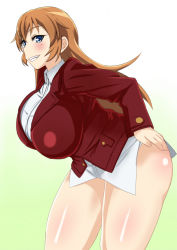 Rule 34 | 1girl, blue eyes, breasts, brown hair, charlotte e. yeager, female focus, grin, highres, huge breasts, leaning forward, long hair, morisoba (silent hill), no pants, profile, shirt, smile, solo, standing, strike witches, thighs, world witches series