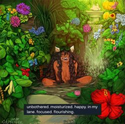 Rule 34 | 1girl, animal ears, artist name, black hair, blue flower, cat ears, closed eyes, commentary, dark-skinned female, dark skin, dated, english commentary, english text, flower, highres, homestuck, jade harley, leaf, lily pad, long hair, meme, nude, open mouth, partially submerged, plant, purple flower, red flower, riotbreakerr, smile, solo, water, water lily flower, yellow flower