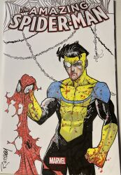 Rule 34 | 1boy, black hair, blood, blood on clothes, blood on face, blood on hands, broken eyewear, commentary, commission, crossover, english commentary, frown, highres, invincible (character), invincible (series), male focus, marker (medium), marvel, photo (medium), ryan ottley, signature, solo, spider-man, spider-man (series), torn clothes, traditional media