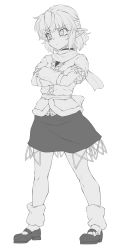Rule 34 | 1girl, :&lt;, blush, bow, breasts, closed mouth, commentary request, crossed arms, footwear bow, full body, greyscale, half updo, highres, looking afar, mary janes, mizuhashi parsee, monochrome, ootsuki wataru, pointy ears, sash, scarf, shirt, shoes, short hair, short sleeves, simple background, skirt, small breasts, socks, solo, touhou