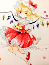 Rule 34 | 1girl, ascot, bat wings, blonde hair, crystal, flandre scarlet, hat, hat ribbon, highres, hiyuu (hiyualice), mob cap, multicolored wings, one eye closed, one side up, puffy short sleeves, puffy sleeves, red eyes, red vest, ribbon, short sleeves, side ponytail, skirt, skirt set, solo, star (symbol), touhou, traditional media, vest, white hat, wings, yellow ascot