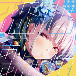 Rule 34 | 1girl, :t, absurdres, album cover, blue bow, blue flower, blue shirt, blush, bow, close-up, closed mouth, cover, flower, from side, grey eyes, grey hair, hair behind ear, hair bow, hair flower, hair ornament, highres, idoly pride, kana (idoly pride), long bangs, long sleeves, looking at viewer, polka dot, polka dot background, portrait, pout, qp:flapper, shirt, short hair, sidelocks, solo