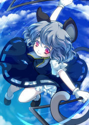 Rule 34 | 1girl, animal ears, bloomers, blue sky, cloud, day, dowsing rod, dress, gloves, grey hair, iris anemone, mouse ears, mouse tail, nazrin, red eyes, short hair, skirt, sky, smile, solo, tail, touhou, underwear, white gloves