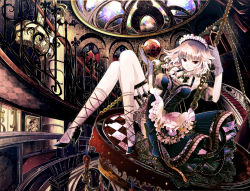 Rule 34 | 1girl, alternate costume, apron, arm cuffs, bat (animal), belt, braid, breasts, candle, chain, chandelier, dress, embodiment of scarlet devil, female focus, frills, gloves, hair ribbon, high heels, highres, holding, holster, izayoi sakuya, knife, legs up, maid headdress, md5 mismatch, o-naoko, pocket watch, red eyes, ribbon, shoes, short hair, silver hair, skirt, smile, solo, stairs, thigh holster, touhou, twin braids, watch, window