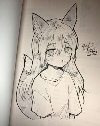 Rule 34 | 1girl, animal ears, blush, commentary request, cropped torso, fox ears, fox girl, fox tail, highres, kanimura ebio, long hair, looking at viewer, marker (medium), monochrome, original, parted lips, photo (medium), shirt, signature, solo, t-shirt, tail, traditional media
