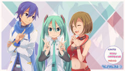 Rule 34 | 1boy, 2girls, belt, blue hair, breasts, brown hair, character name, cleavage, closed eyes, detached sleeves, green eyes, green hair, hair between eyes, hair ornament, hatsune miku, headset, highres, kaito (vocaloid), long hair, long sleeves, medium breasts, meiko (vocaloid), midriff, multiple girls, nail polish, navel, necktie, open mouth, outline, sanndo, scarf, shadow, short hair, simple background, sleeveless, small breasts, smile, twintails, v, very long hair, vocaloid