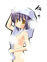 Rule 34 | 00s, 1girl, ?, armpits, blush, breasts, convenient censoring, dripping, eyebrows, from side, hand on own head, hujikok, looking at viewer, nagato yuki, nude, purple hair, short hair, simple background, solo, steam, steam censor, suzumiya haruhi no yuuutsu, towel, towel on head, upper body, wet, wet hair, white background, yellow eyes