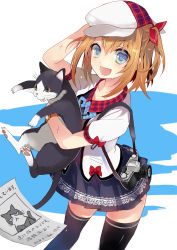 Rule 34 | 1girl, :d, absurdres, black thighhighs, blue eyes, bow, brown hair, camera, carrying, casual, cat, hair bow, hair ribbon, hal, hat, highres, looking at viewer, musou yuchi, open mouth, pleated skirt, ribbon, side ponytail, skirt, smile, thighhighs, yuuki-tan, zettai ryouiki