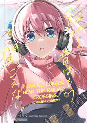 Rule 34 | 1girl, blue eyes, bocchi the rock!, cube hair ornament, gotoh hitori, guitar, hair ornament, headphones, highres, holding, holding headphones, instrument, jersey, long hair, long sleeves, open mouth, pink hair, solo, tearing up, upper body, wano (azayakam)