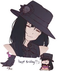 Rule 34 | 1other, alternate costume, androgynous, bare shoulders, bird, black gloves, black hair, black hat, closed eyes, closed mouth, crow, elbow gloves, fingerless gloves, gloves, guilty gear, guilty gear strive, happy birthday, hat, hat ornament, highres, long hair, looking at viewer, mil17459623, other focus, skull, skull hat ornament, smile, testament (guilty gear), upper body