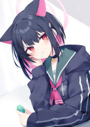 Rule 34 | 1girl, animal ears, black choker, black hair, black hoodie, blue archive, blush, choker, closed mouth, commentary request, drawstring, food, green sailor collar, hair between eyes, halo, highres, holding, holding food, hood, hood down, hoodie, kazusa (blue archive), long sleeves, looking at viewer, macaron, mouth hold, multicolored hair, nibiiro shizuka, pink hair, puffy long sleeves, puffy sleeves, red eyes, sailor collar, sleeves past wrists, solo, two-tone hair, upper body