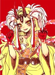 Rule 34 | 1girl, :d, bare shoulders, blonde hair, claws, earrings, fang, fate/grand order, fate (series), hizuki aya, horns, ibaraki douji (fate), japanese clothes, jewelry, kimono, long hair, open mouth, pointy ears, red background, simple background, slit pupils, smile, solo, yellow eyes