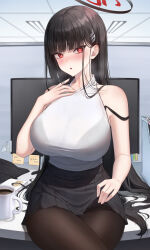 Rule 34 | 1girl, absurdres, arm at side, bare shoulders, black bra, black hair, black halo, black pantyhose, black skirt, blue archive, blunt bangs, bra, bra visible through clothes, breasts, bright pupils, commentary, desk, hair ornament, hairclip, halo, hand on own chest, hand up, highres, indoors, large breasts, long hair, looking at viewer, on desk, open mouth, outstretched hand, pantyhose, red eyes, red halo, rio (blue archive), see-through, sitting, on desk, skirt, solo, soo ou, strap slip, sweater, turtleneck, turtleneck sweater, underwear, very long hair, white pupils, white sweater