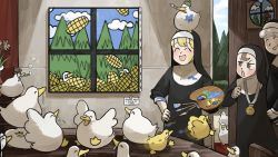 Rule 34 | 3girls, :d, ^ ^, anger vein, angry, animal, animal on head, beret, bird, blonde hair, brown eyes, brown hair, bubble, canvas (object), chicken, clenched hand, closed eyes, clumsy nun (diva), commentary, corn, curtains, daffodil, diva (hyxpk), drooling, duck, duckling, english commentary, english text, flower, freckles, froggy nun (diva), grey hair, habit, hat, highres, holding, holding another&#039;s arm, holding paintbrush, little nuns (diva), medal, monocle, motion blur, mouth hold, multiple girls, nun, on head, open door, open mouth, paint splatter, paintbrush, painting (action), palette (object), palette knife, pipe in mouth, running, sheep nun (diva), silhouette, smile, smoking pipe, sparkling eyes, spread wings, stained clothes, table, top hat, traditional nun, triangle mouth, trim brush, typo, vase, white flower, window
