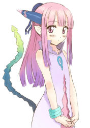 Rule 34 | 1girl, :o, blunt bangs, blush, bracelet, flat chest, gradient hair, half updo, jewelry, long hair, looking at viewer, milreaf, multicolored hair, own hands together, pink eyes, pink hair, pointy ears, purple hair, sidelocks, sketch, solo, summon night, summon night 4, tail