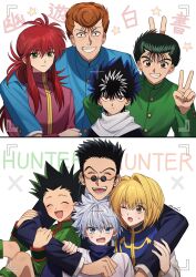 6+boys ;o ^_^ black_hair blonde_hair blue_eyes blue_gakuran brown_eyes brown_hair closed_eyes crossover embarrassed enoki_3106 formal gakuran gon_freecss green_eyes green_gakuran green_shirt grin group_hug group_picture hiei_(yu_yu_hakusho) highres hug hunter_x_hunter killua_zoldyck kurama_(yu_yu_hakusho) kurapika kuwabara_kazuma leorio_paladiknight long_hair long_sleeves multiple_boys one_eye_closed pompadour red_eyes red_hair sarayashiki_junior_high_school_uniform school_uniform shirt short_hair smile spiked_hair suit sunglasses urameshi_yusuke v white_hair yuu_yuu_hakusho