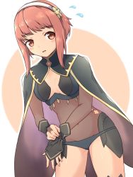 Rule 34 | 1girl, artist request, blue panties, blush, bodystocking, breasts, cape, cleavage, cosplay, dark mage (fire emblem fates), female focus, fingerless gloves, fire emblem, fire emblem fates, gloves, hair ornament, hairclip, headband, navel, nintendo, nyx (fire emblem), nyx (fire emblem) (cosplay), official alternate costume, panties, red eyes, red hair, sakura (fire emblem), short hair, short hair with long locks, simple background, skin tight, solo, sweatdrop, thighhighs, tight clothes, underwear