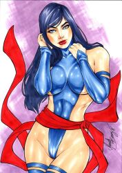 Rule 34 | 1girl, aqua eyes, artist request, black hair, blue leotard, breasts, curvy, highleg, highleg leotard, highres, impossible clothes, impossible leotard, large breasts, leotard, light smile, lips, long hair, looking at viewer, marvel, painting (medium), psylocke, revealing clothes, shiny clothes, shiny skin, simple background, solo, spread legs, thighhighs, thong leotard, traditional media, watercolor (medium), wide hips, x-men