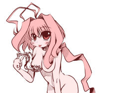 Rule 34 | 1girl, :p, antenna hair, blush, censored, convenient censoring, flat color, hair censor, holding, holding clothes, holding panties, holding underwear, khmix, long hair, lowres, nude, original, panties, unworn panties, pink hair, red eyes, simple background, solo, tongue, tongue out, underwear
