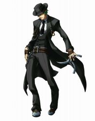 Rule 34 | 1boy, arc system works, balisong, belt, blazblue, blazblue: continuum shift, chain, coat, faceless, faceless male, fingerless gloves, formal, full body, gloves, green hair, hat, hazama, katou yuuki, knife, male focus, necktie, official art, pants, shoes, short hair, simple background, smile, solo, standing, suit, trench coat, weapon, yuki kato