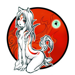 Rule 34 | 1girl, amaterasu (ookami), animal ears, arched back, arm support, barefoot, blue eyes, bodypaint, capcom, empty eyes, facial mark, feet, flat chest, forehead mark, groin, issun, kintaro, long hair, mini person, miniboy, multicolored hair, no nipples, nude, ookami (game), open mouth, personification, seiza, sitting, tail, tattoo, two-tone hair, white hair, wolf ears, wolf tail