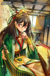 Rule 34 | &gt;:|, 1girl, :|, bad id, bad pixiv id, black hair, closed mouth, hair ornament, hand on own chin, holding, long hair, official art, original, popqn, reading, red eyes, sangokushi ranbu, scroll, sitting, solo, v-shaped eyebrows