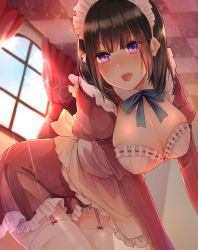 Rule 34 | 1girl, akit (15jamjam), apron, bad id, bad pixiv id, breasts, brown hair, cleavage, curtains, downblouse, from below, garter straps, hanging breasts, highres, indoors, large breasts, maid, maid apron, maid headdress, moe2015, open mouth, original, purple eyes, short hair, thighhighs, white thighhighs, window, zettai ryouiki