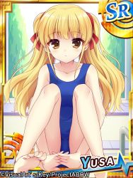 Rule 34 | 10s, 1girl, angel beats!, barefoot, blonde hair, feet, fuyuichi, key (company), long hair, official art, one-piece swimsuit, ribbon, school swimsuit, sitting, soles, solo, swimsuit, toes, twintails, yellow eyes, yusa (angel beats!)
