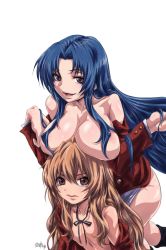 Rule 34 | 00s, 2girls, aisaka taiga, bad id, bad pixiv id, blue hair, breast rest, breasts, breasts on head, brown eyes, brown hair, censored, convenient censoring, covered erect nipples, flat chest, hair censor, hair over breasts, kawashima ami, large breasts, long hair, madhatter hello, multiple girls, school uniform, toradora!