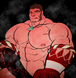 Rule 34 | 1boy, :q, absurdres, alternate pectoral size, bara, blank censor, censored, colored skin, completely nude, cowboy shot, erection, forked eyebrows, gradient skin, hachimaki, hairy, headband, highres, huge pectorals, huge penis, jewelry, large hands, looking at viewer, magatama, magatama necklace, male focus, mature male, muscular, muscular male, mutton chops, necklace, nejiri hachimaki, nude, penis, precum, red skin, short hair, solo, sparse arm hair, sparse chest hair, strongman waist, sweat, taigaabozusukii, tajikarao (housamo), thick arms, thick eyebrows, tokyo houkago summoners, tongue, tongue out, tusks, veins, veiny penis, very sweaty